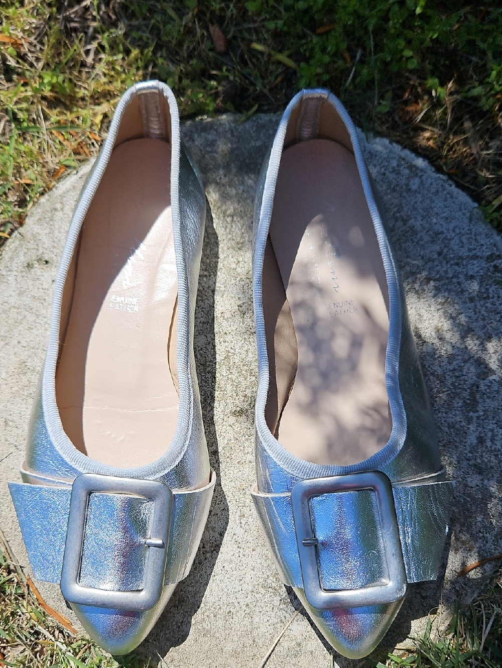 Pointed Metallic Buckle Flats in Silver